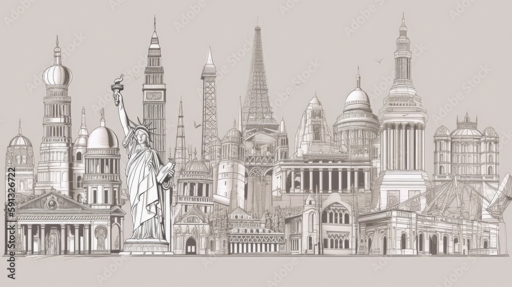 Fototapeta premium Monochromatic fine line art wallpaper of famous landmarks