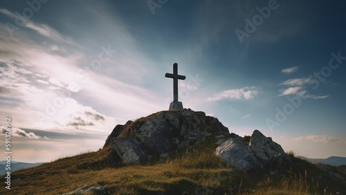 Symbol of Faith and Serenity: A Cross Atop a High Hill Against the Majestic Skyline