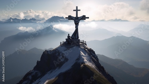 Symbol of Faith and Serenity  A Cross Atop a High Hill Against the Majestic Skyline