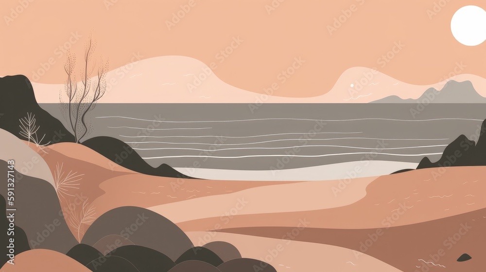 Simplified line illustrations of beach with earthy colors