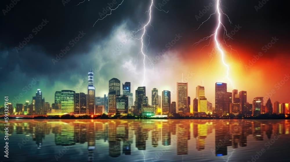 City skyline illuminated by lightning electric colors