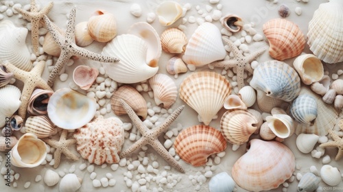 Nautical beach scene with pastel colors and shells background