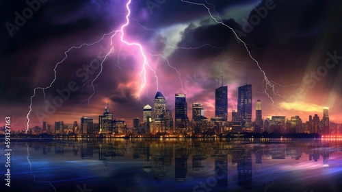 City skyline illuminated by lightning and electric colors