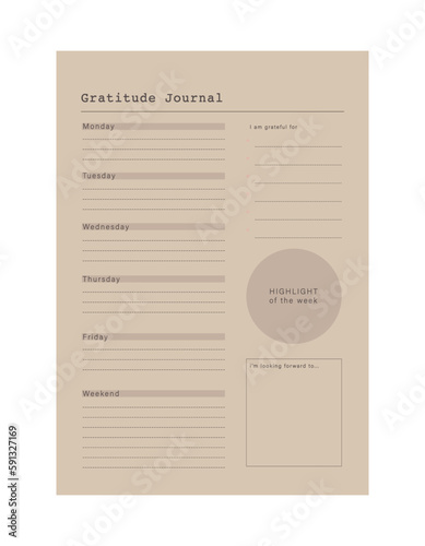 Gratitude Journal planner. Minimalist planner template set. Vector illustration.	