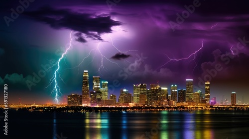 Skyline illuminated by lightning in electric colors
