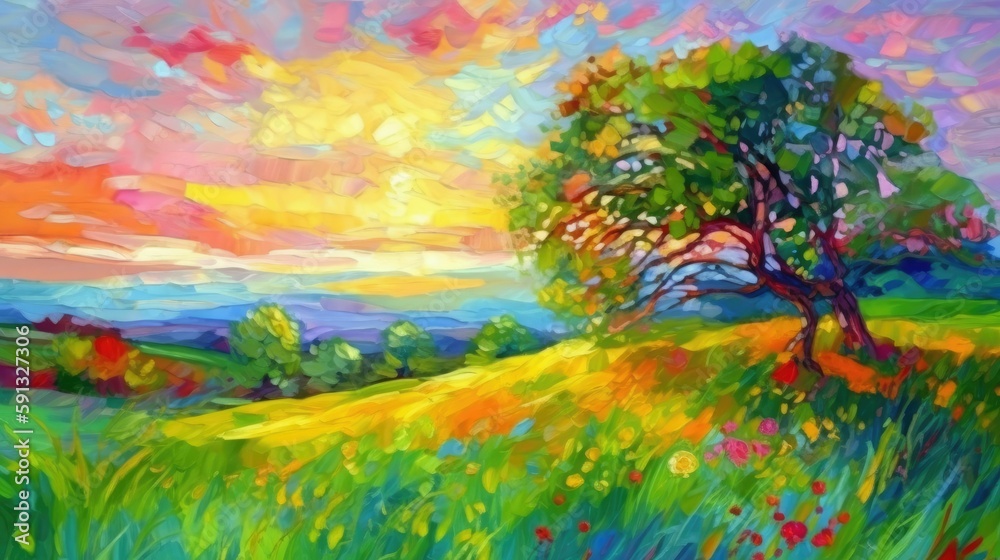 Neo-Impressionism painting with bright colorful shapes