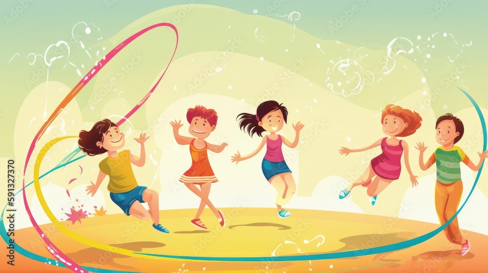 Children doing physical activities such as jumping rope, hula hooping, and gymnastics Children doing physical activities such as jumping rope, hula hooping, and gymnastics