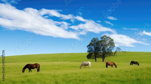 A pasture with grazing horses and a blue sky