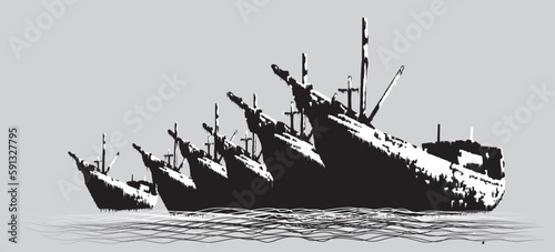 Digital illustration of a wooden ship in the port of Sunda Kelapa, Jakarta