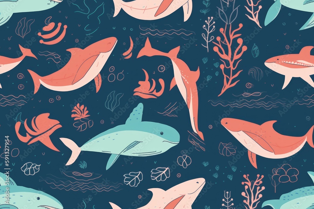 Obraz premium Illustration of ocean life featuring whales and dolphins