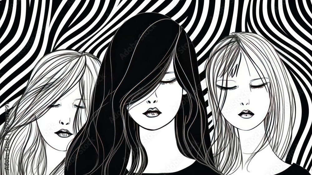 Illustrated black and white girls in simple line Illustrated black and white girls in simple line