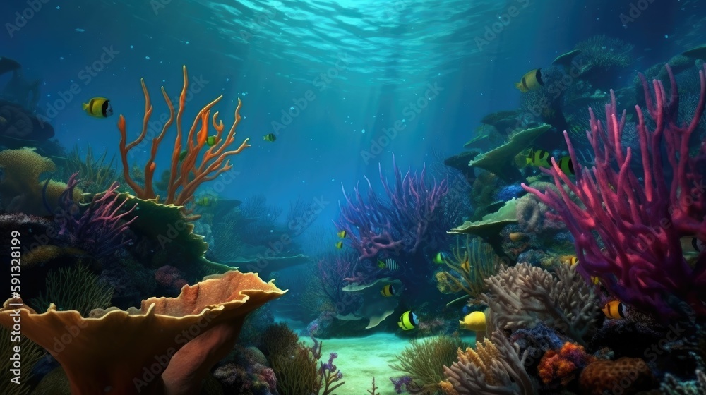 Beautiful underwater scenery with bright coral and tropical fish