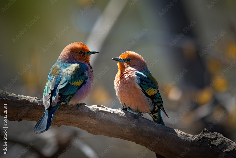 spring colored birds flirting, natural design, unique moments in the wild, generative AI