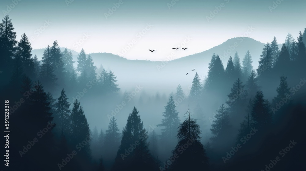 Obraz premium Minimalistic Misty Forest Landscape Wallpaper