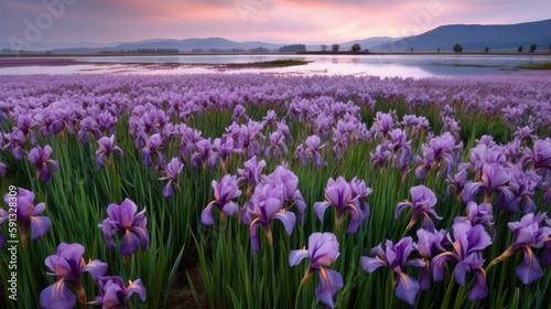 Tranquil fields of lavender irises