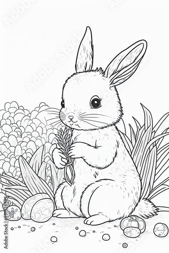 Fluffy bunny eating grass, line art for coloring book, crisp lines, white background, AI generative