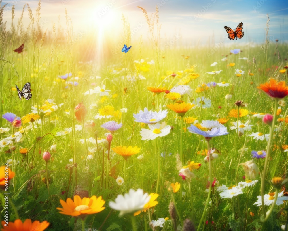 Sunny meadow with wildflowers and butterflies wallpaper