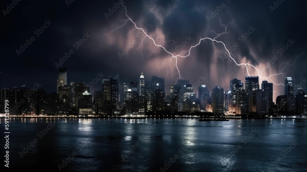 City under a storm with lightning