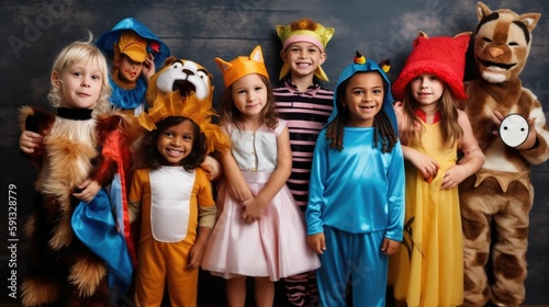 Kids dressing up in different costumes and celebrating