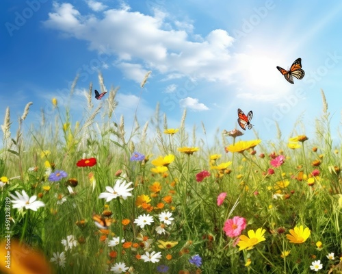 Sunny meadow with wildflowers and butterflies