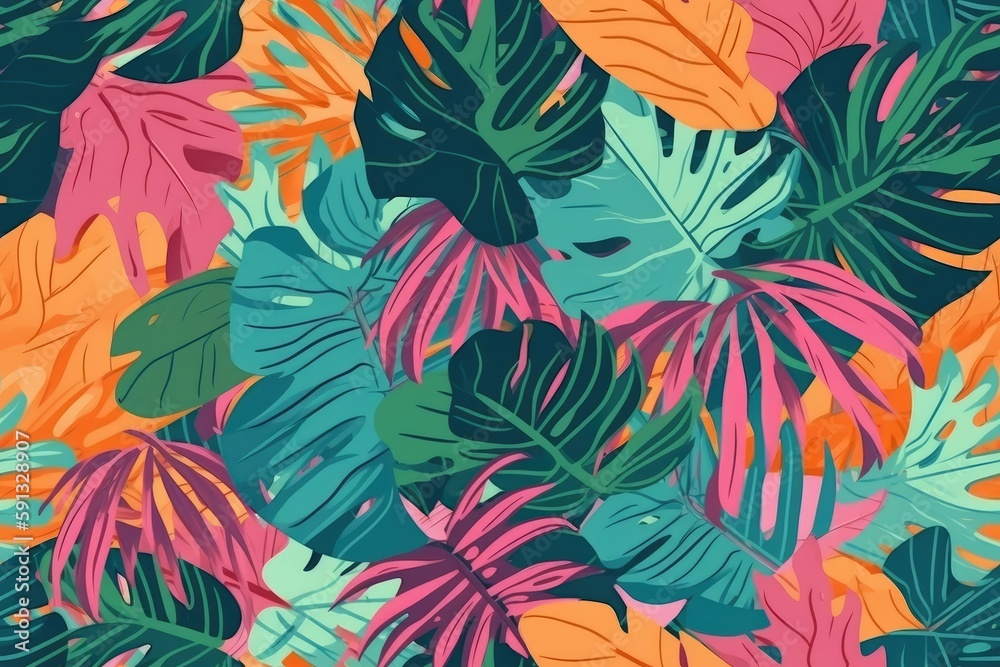 Fototapeta premium Illustration of lush green tropical leaves