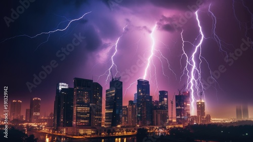 Vivid colors of night thunder with soaring skyscrapers