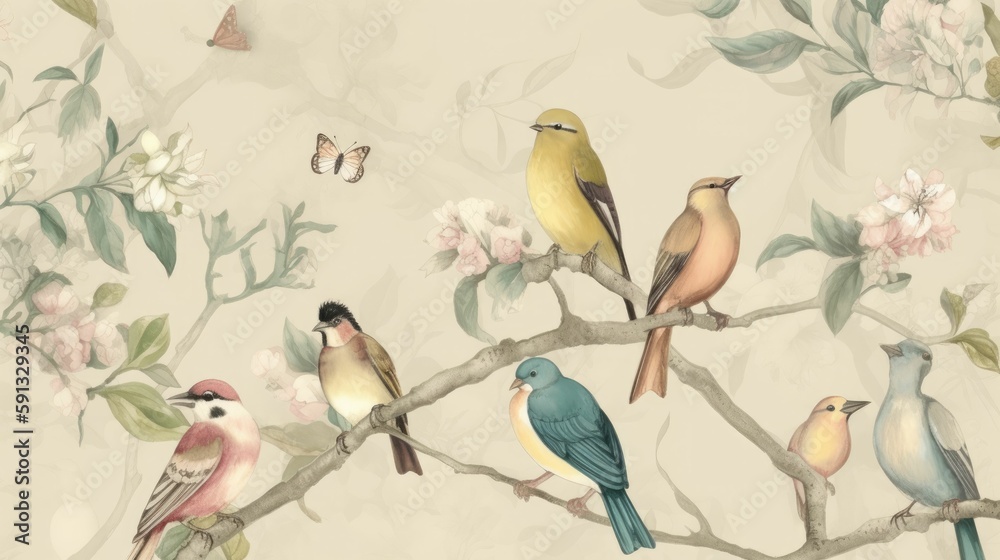 custom made wallpaper toronto digitalDelicate bird prints on soft colored wallpaper