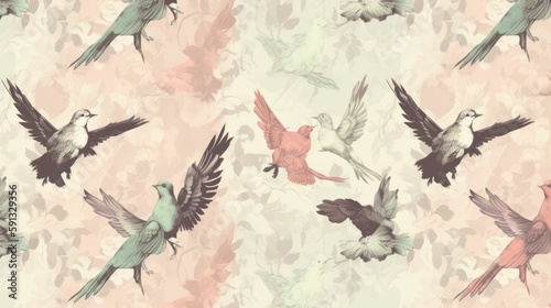Delicate and Elegant Bird Prints on Soft Colored Wallpaper © Oliver