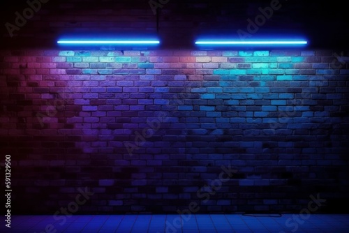 Brick wall background with neon light. AI generated, human enhanced.