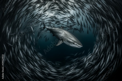 A predatory shark among a school of fish. AI generated  human enhanced.