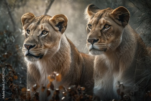 Pride of lions in nature. AI generated, human enhanced