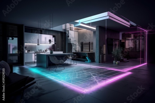 Abstract visualization of smart home, zoning and online control. Future housing concept. AI generated, human enhanced