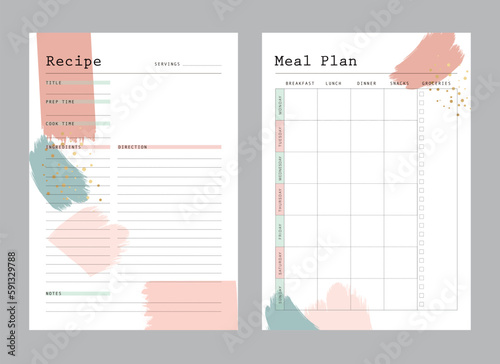 (fashion) Recipe Card and Meal Plan template planner. Minimalist planner template set. Vector illustration.	 
