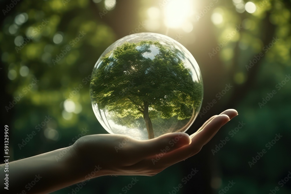 Hand holding a green tree in a sphere. Ecology concept. AI generated, human enhanced