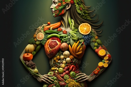 Fruit woman silhouette. Fresh fruits are laid out in the shape of a person. AI generated  human enhanced.