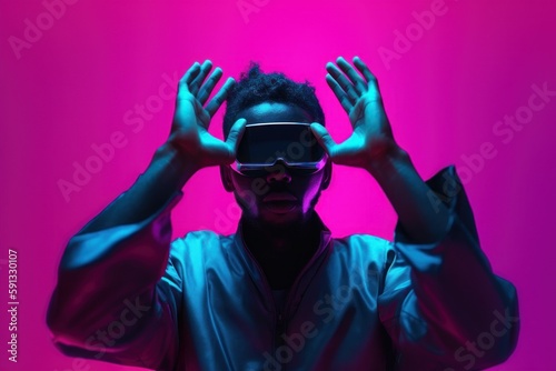 Young man wearing virtual reality glasses in neon colors. AI generated, human enhanced. © top images