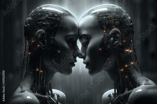 Two robots show each other feelings. Love robots concept. AI generated  human enhanced