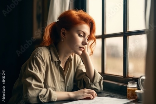 Portrait of a woman at the window with soft light. AI generated, human enhanced © top images