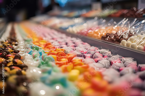 Interior of candy store displaying confectionery products