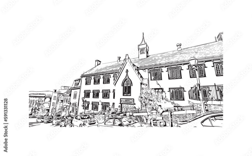 Building view with landmark of Quebec City sits on the Saint Lawrence River in Canada. Hand drawn sketch illustration in vector.