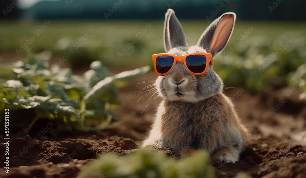Shades of Mischief: A Mischievous Bunny's Adventure in the Lettuce Fields.  Generative AI. 