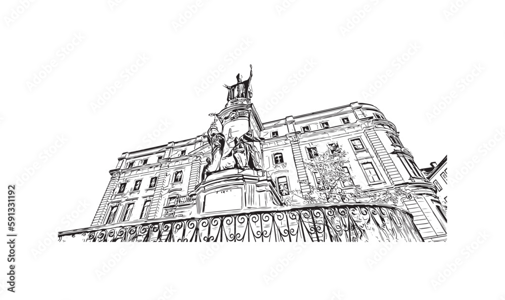 Building view with landmark of Quebec City sits on the Saint Lawrence River in Canada. Hand drawn sketch illustration in vector.