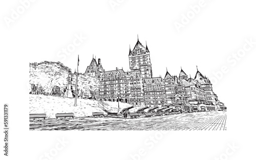 Building view with landmark of Quebec City sits on the Saint Lawrence River in Canada. Hand drawn sketch illustration in vector.