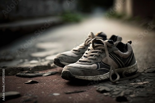 abandoned shoes on the side of a deserted road. Generative AI
