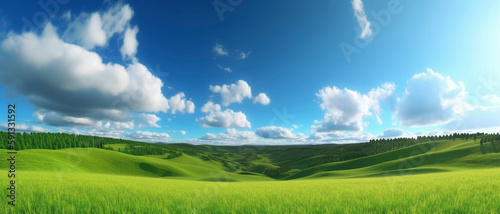 Panoramic natural landscape of green rolling fields with grass against a blue sky.