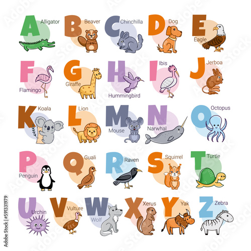 Fototapeta Naklejka Na Ścianę i Meble -  English alphabet with animals for children. Poster for children room.