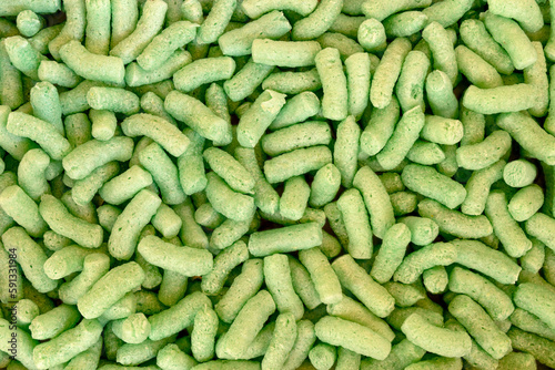 Green styrofoam, corn-based biodegradable. Corn extrudate.