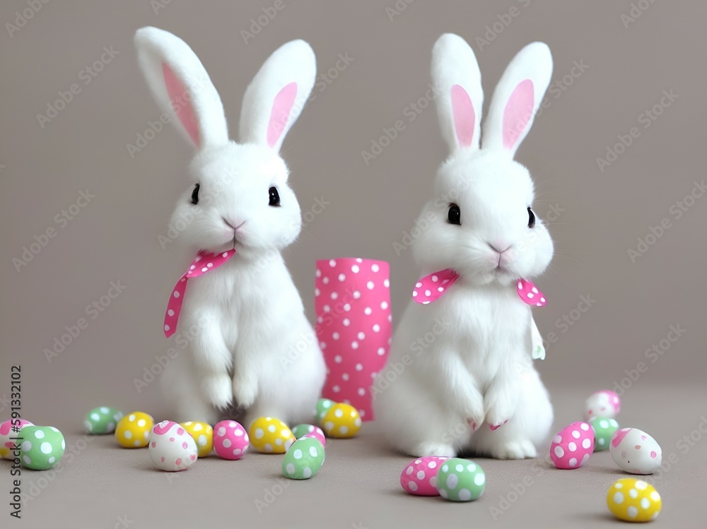 Two Easter Bunny Standing and Looking Ahead with Colorful Easter Eggs, Generative AI Two Easter Bunny Standing and Looking Ahead with Colorful Easter Eggs, Generative AI