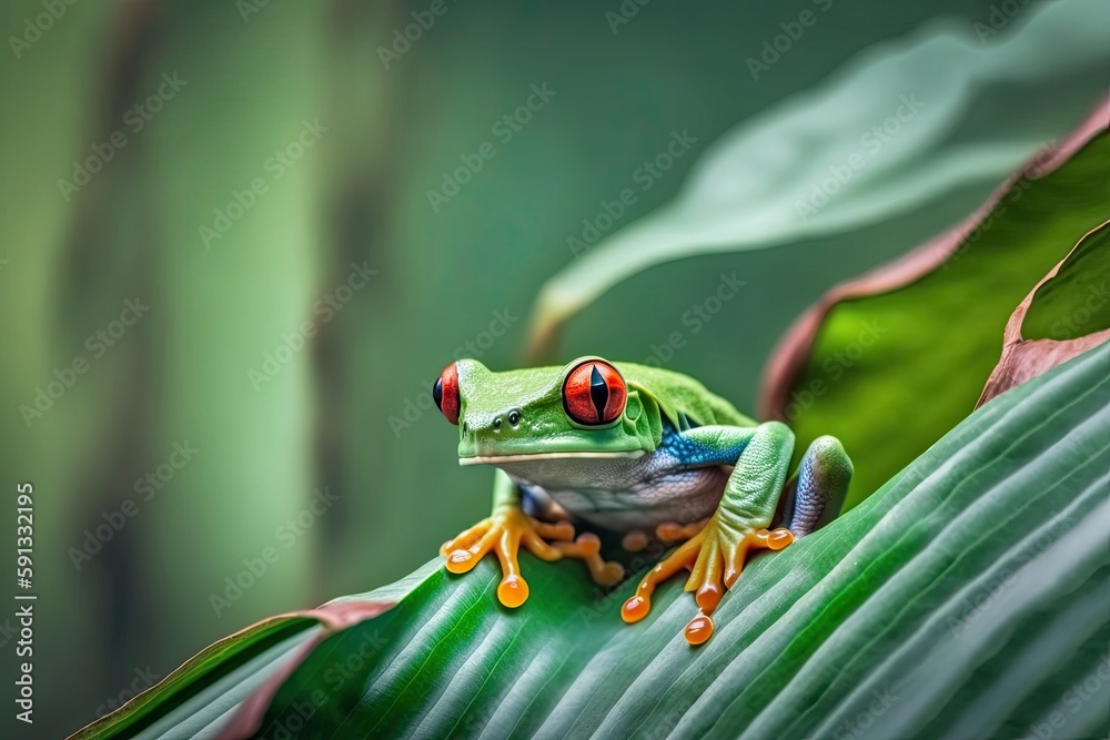 Fototapeta premium Red-Eyed Tree Frog Perched on a Green Leaf. Generative AI