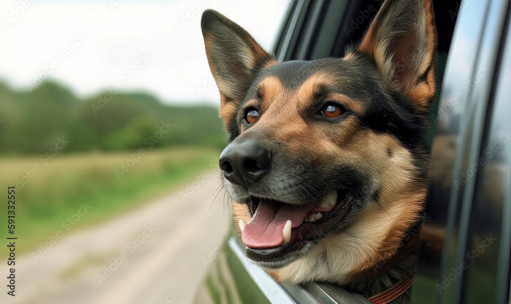 Canine Companion German Shepherd Thrilled by Car Window Adventure - obrazy, fototapety, plakaty 